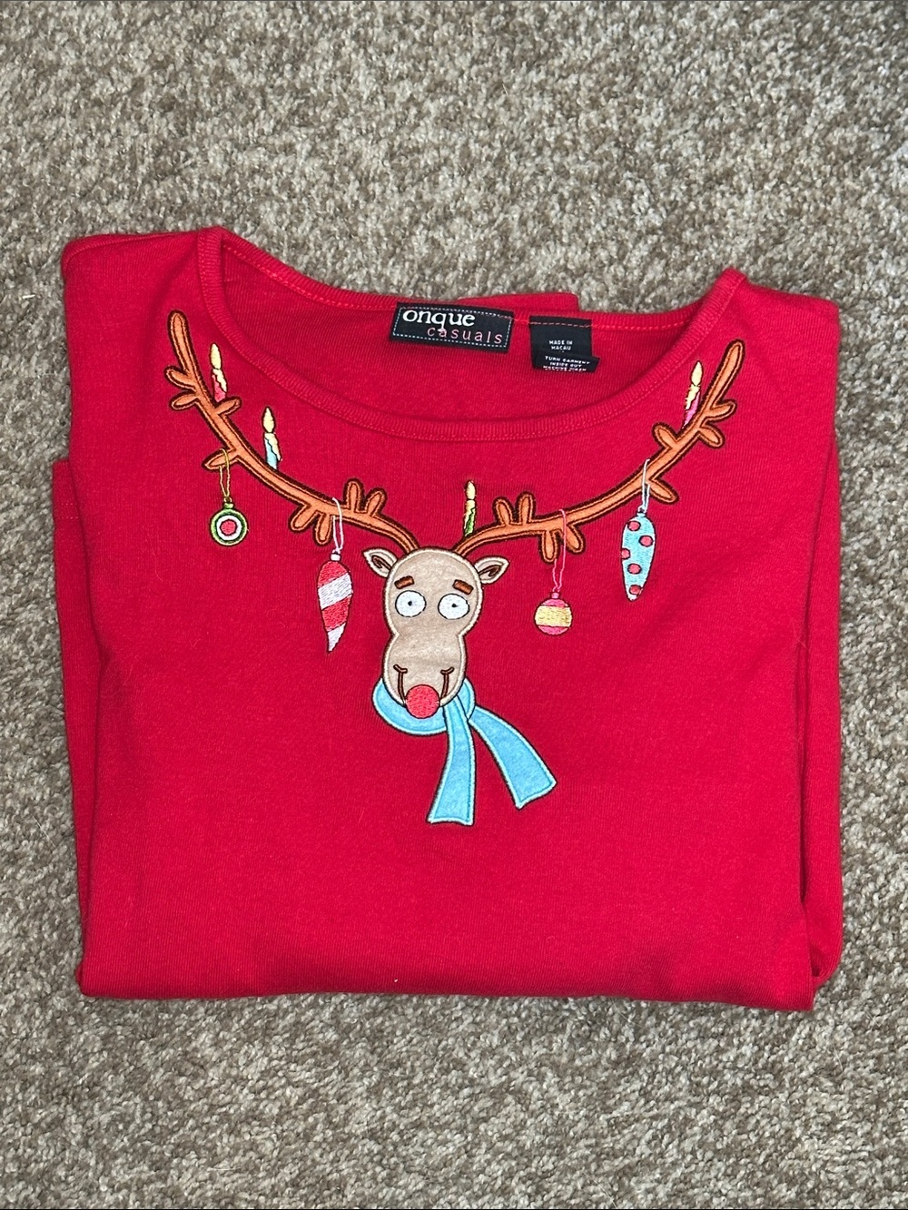 Onque Casuals Bright Red Crew Neck Reindeer Top